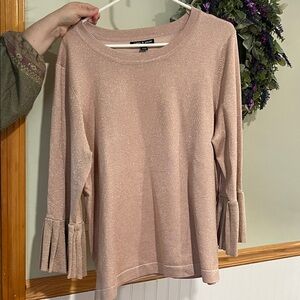 Cable & Gauge Blush Metallic Ruffle-Sleeve Crewneck Sweater